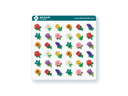 Hoja de pegatinas de flores pixel art
