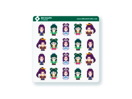 Hoja de pegatinas Jinshi y Maomao pixel art